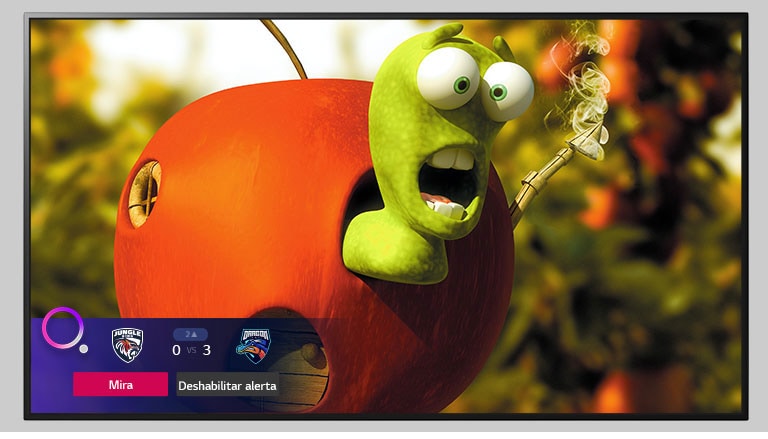 TV que muestra un personaje de dibujos animados y una Sports Alert en la parte inferior de la pantalla.