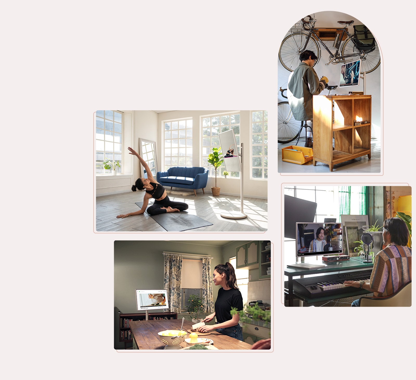 Hay 4 collage de imágenes de estilo de vida de personas que realizan diferentes actividades mientras miran televisión: una mujer hace yoga mientras ve un tutorial de yoga, un hombre arregla su bicicleta mientras ve un tutorial, otro hombre se transmite cantando y una mujer cocina mientras ve vídeo receta