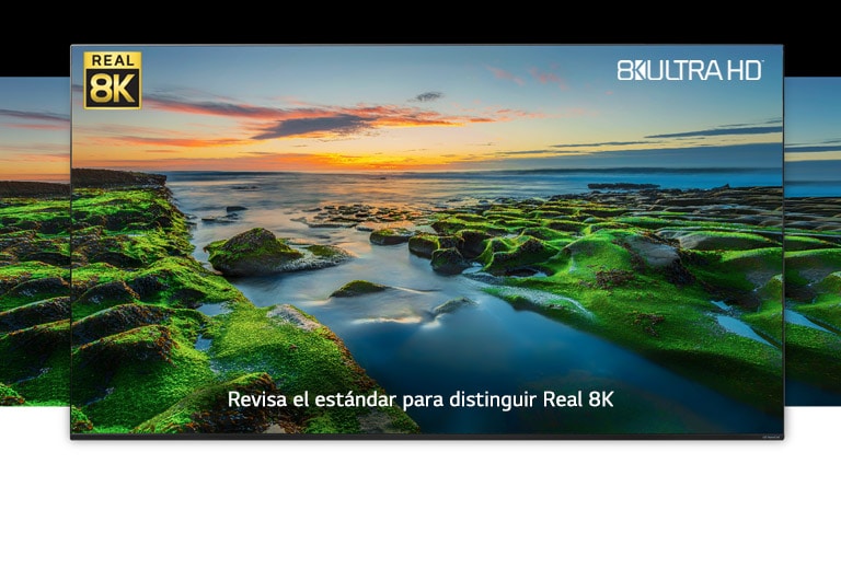 Una pantalla de TV que muestra una vista panorámica de la naturaleza con los logos de Real 8K y CTA