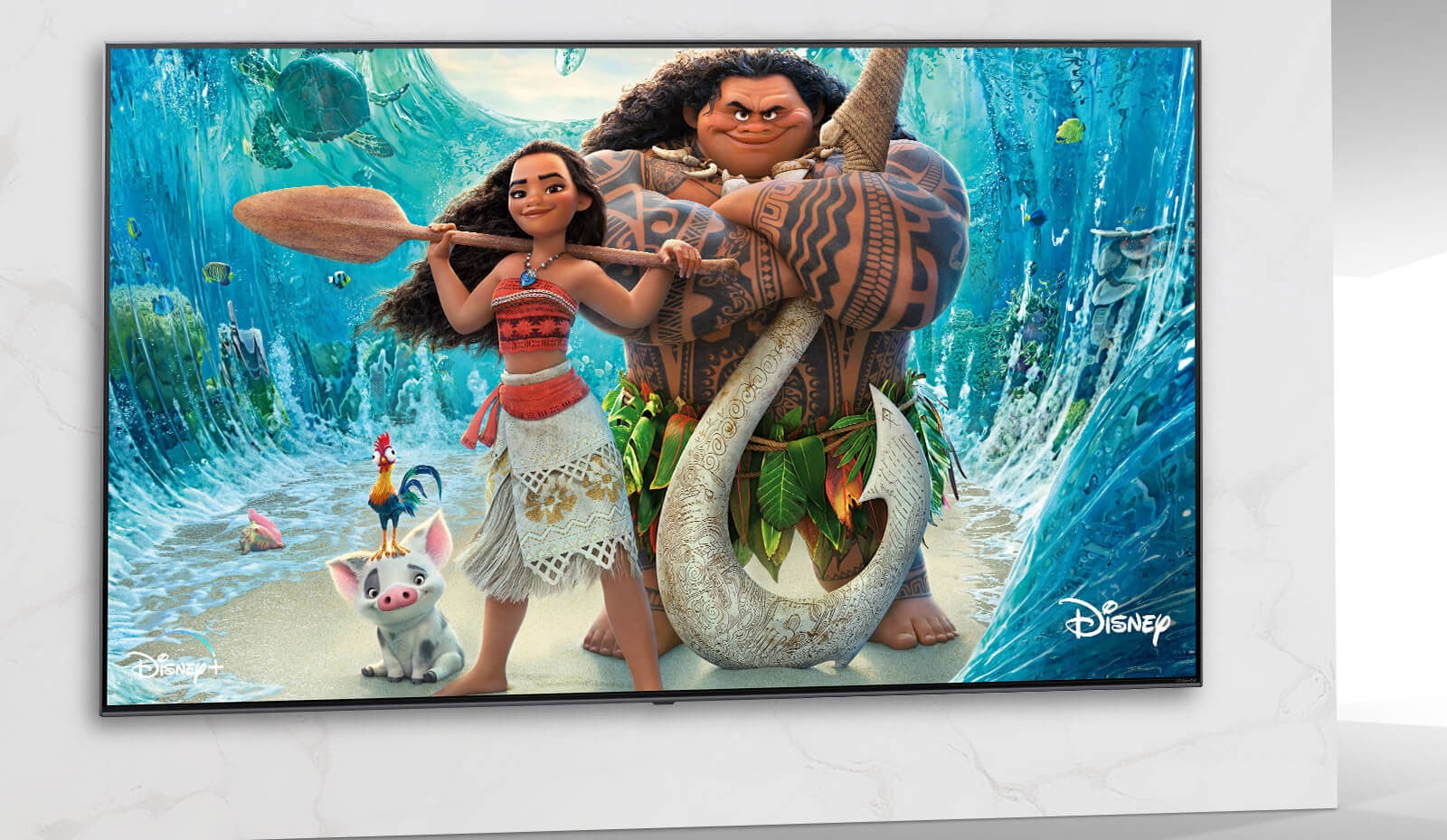 Una imagen del póster de Moana de Disney en la pantalla del TV