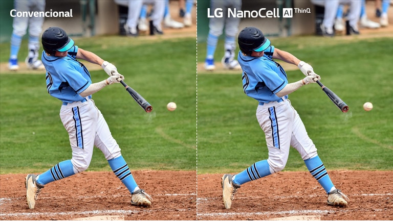 Una escena de un partido de futbol, mitad en un LCD/LED TV convencional con calidad de imagen borrosa, y la otra mitad en un LG NanoCell TV con calidad de imagen nítida