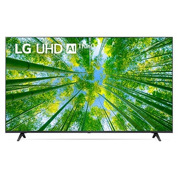 Una vista frontal del televisor LG UHD con la imagen de relleno y el logotipo del producto encima1
