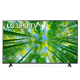 Una vista frontal del televisor LG UHD con la imagen de relleno y el logotipo del producto encima2