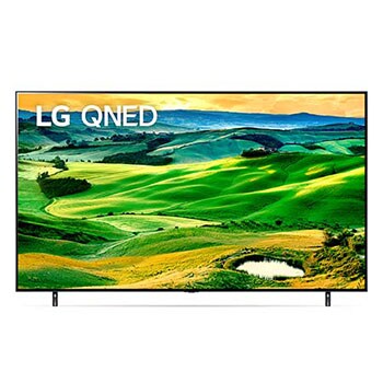 Una vista frontal del televisor LG QNED con una imagen de relleno y el logotipo del producto en1