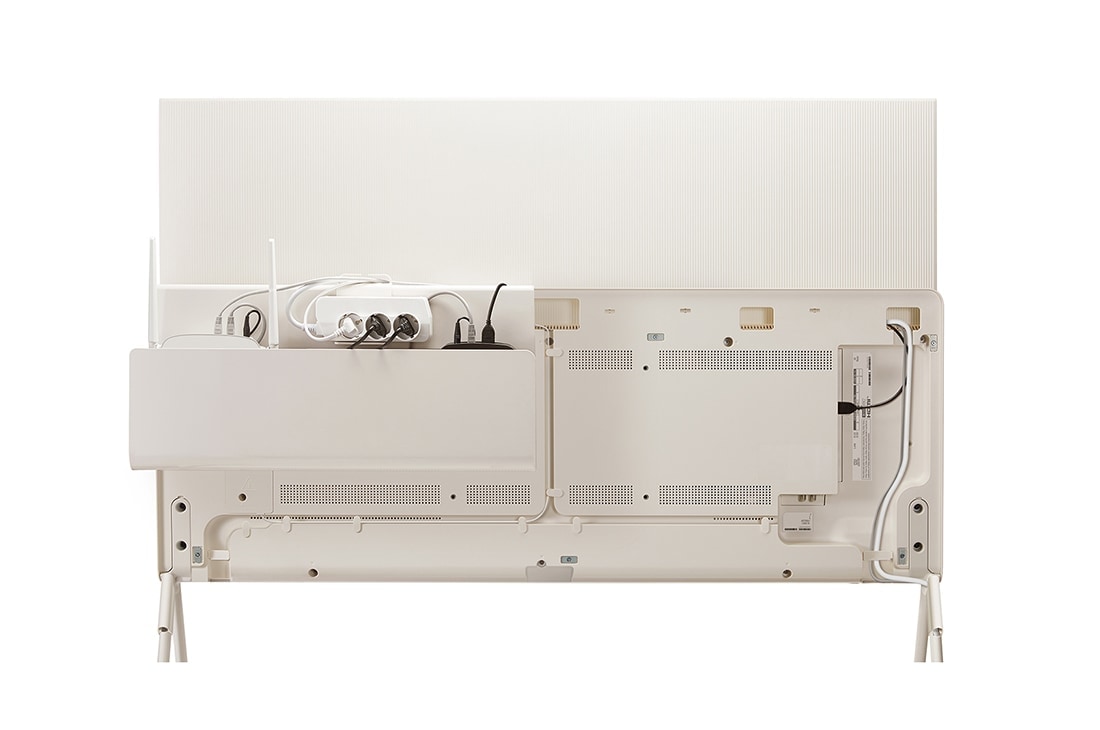 LG OLED | Objet Collection Posé, Posé seen from the back without the Clean Cover attached, showing the TV’s cable management. Cable & Accessory Organizer on the media shelf holds a router, multi-tab power strip, and TV box., 55LX1QPSA, thumbnail 10