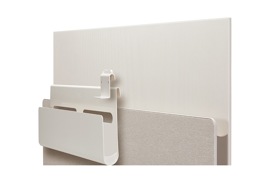 LG OLED | Objet Collection Posé, Posé seen from the back facing right with Cable & Accessory Organizer and hook hovering over the media shelf., 55LX1QPSA, thumbnail 9