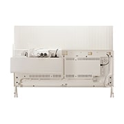 LG OLED | Objet Collection Posé, Posé seen from the back without the Clean Cover attached, showing the TV’s cable management. Cable & Accessory Organizer on the media shelf holds a router, multi-tab power strip, and TV box., 55LX1QPSA, thumbnail 10