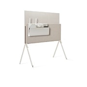 LG OLED | Objet Collection Posé, Posé seen from the back facing left with Cable & Accessory Organizer on the media shelf holding a router, multi-tab power strip, and TV box., 55LX1QPSA, thumbnail 7