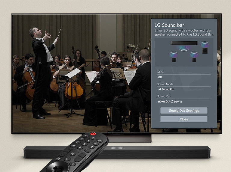 An image of an LG Soundbar, LG Remote, and  LG TV showing the WOW Interface on screen. 