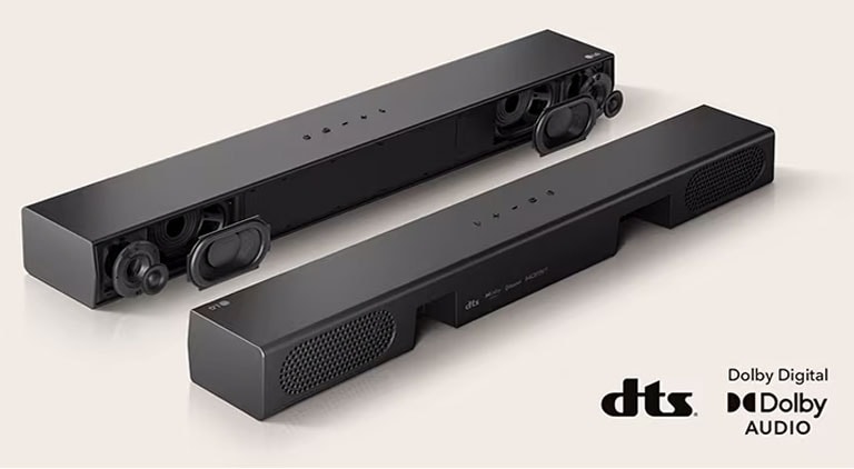 Se colocan 2 unidades de Soundbar S20A, una mostrando sus partes interiores como woofers y tweeters sin rejilla y otra mostrando la parte trasera. En el lado derecho se muestra el logo de dts y el logo de audio Dolby digital.