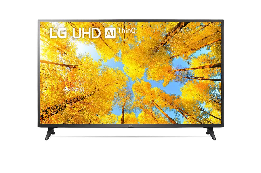 LG UHD 43'' UQ7500 Smart TV con ThinQ AI (Inteligencia Artificial) , Una vista frontal del televisor LG UHD con la imagen de relleno y el logotipo del producto encima, 43UQ7500PSF