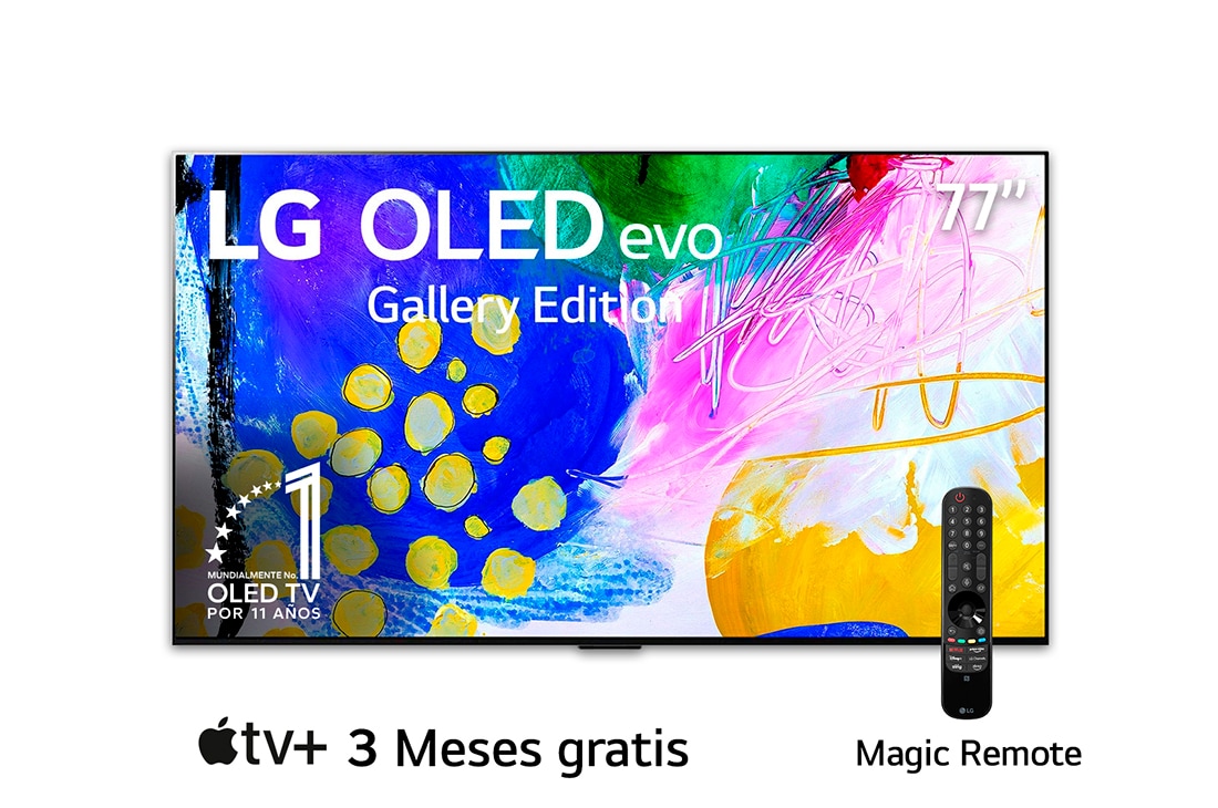 LG OLED 77'' G2 evo Smart TV con ThinQ AI (Inteligencia Artificial), Vista frontal con LG OLED evo Gallery Edition en la pantalla, OLED77G2PSA