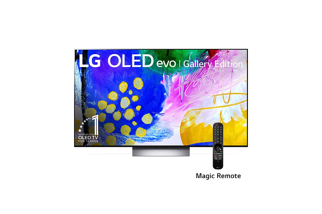 LG OLED 65'' G2 evo Smart TV con ThinQ AI (Inteligencia Artificial), Vista frontal con LG OLED evo Gallery Edition en la pantalla, OLED65G2PSA