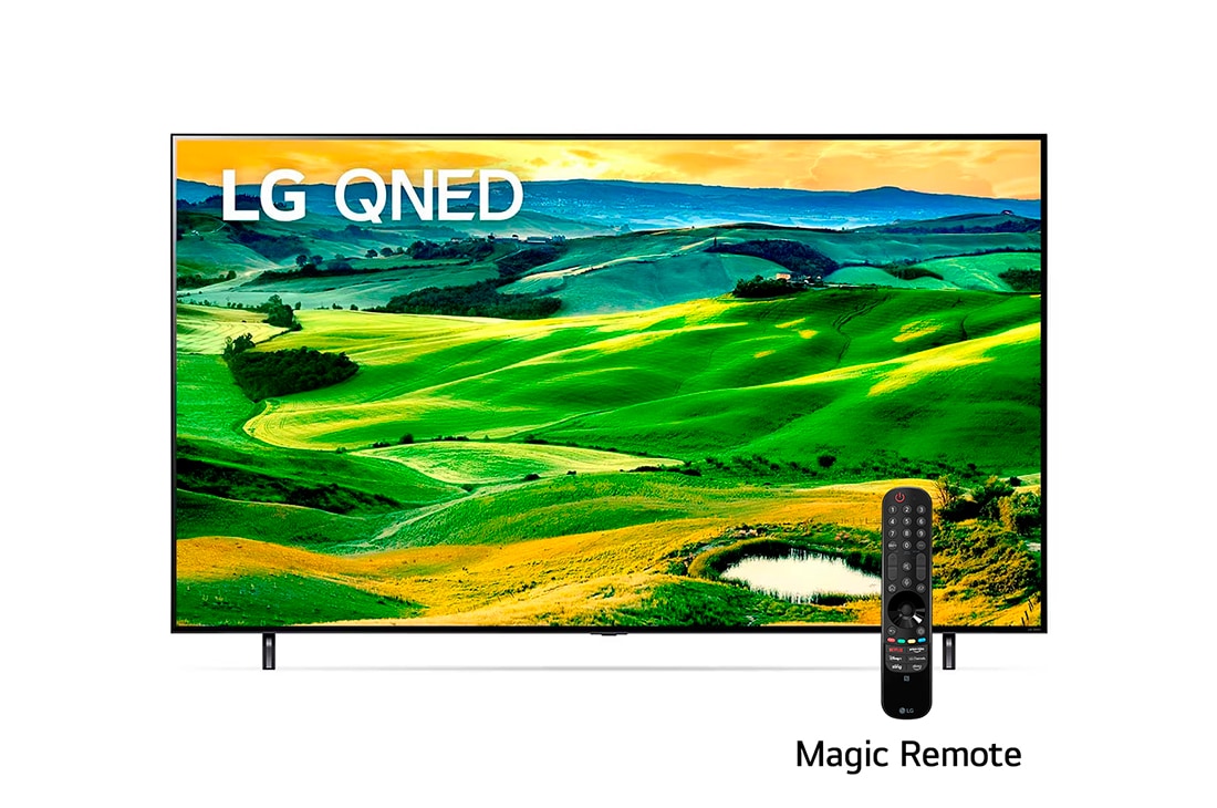 LG QNED 75'' Smart TV con ThinQ AI (Inteligencia Artificial), Una vista frontal del televisor LG QNED con una imagen de relleno y el logotipo del producto en, 75QNED80SQA