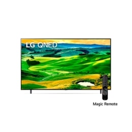 Una vista frontal del televisor LG QNED con una imagen de relleno y el logotipo del producto en2