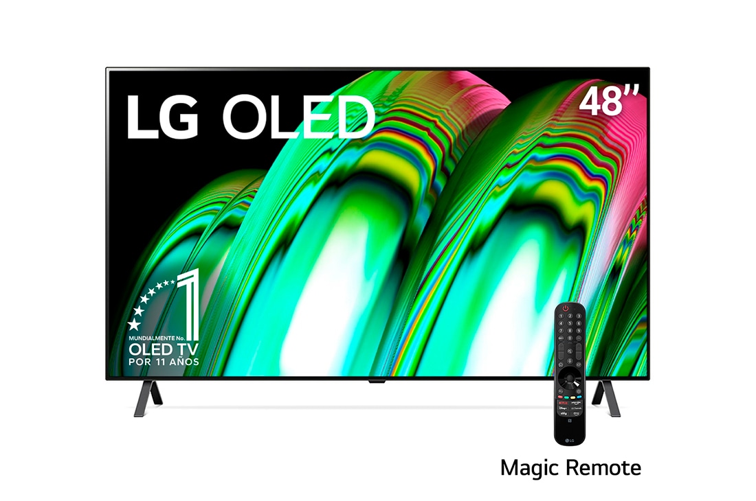 LG OLED 48'' A2 Smart TV con ThinQ AI (Inteligencia Artificial), Vista frontal del televisor LG OLED con una imagen de relleno y el logotipo del producto, OLED48A2PSA