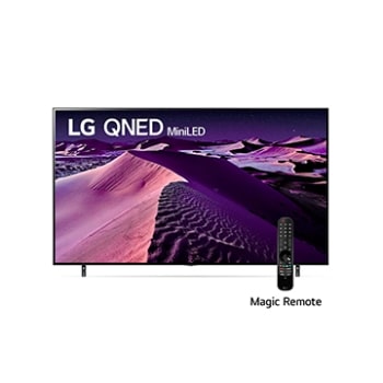 A front view of the LG QNED TV with infill image and product logo on1