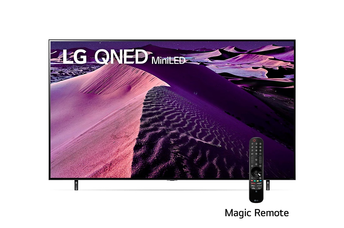 LG Pantalla LG QNED MiniLED TV 75'' 4K SMART TV con ThinQ AI, A front view of the LG QNED TV with infill image and product logo on, 75QNED85SQA