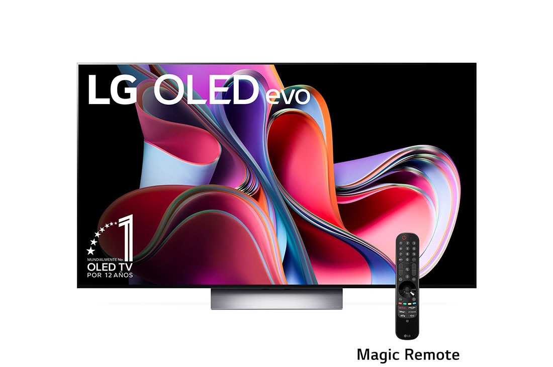 LG Pantalla LG OLED evo 77'' G3 4K SMART TV con ThinQ AI, Vista frontal con LG OLED evo, la frase: El mejor OLED del mundo por 10 años , OLED77G3PSA