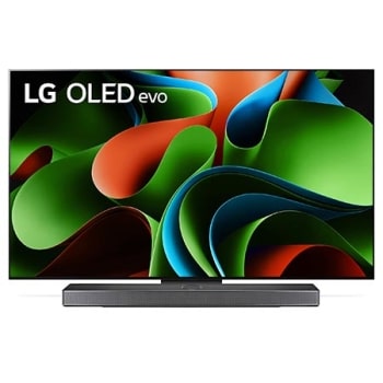 Vista frontal con LG OLED evo con el emblema «El mejor OLED del mundo por 10 años» y la barra de sonido abajo. 1