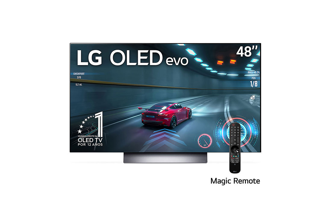 LG Pantalla LG OLED 48'' C3 4K SMART TV con ThinQ AI, Vista frontal con el LG OLED evo y la frase «El mejor OLED del mundo por 10 años» en la pantalla., OLED48C3PSA