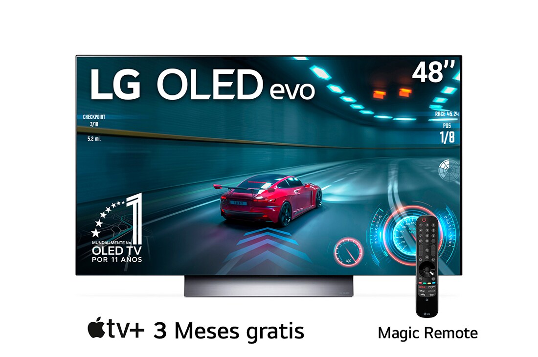 LG Pantalla LG OLED 48'' C3 4K SMART TV con ThinQ AI, Vista frontal con el LG OLED evo y la frase «El mejor OLED del mundo por 10 años» en la pantalla., OLED48C3PSA