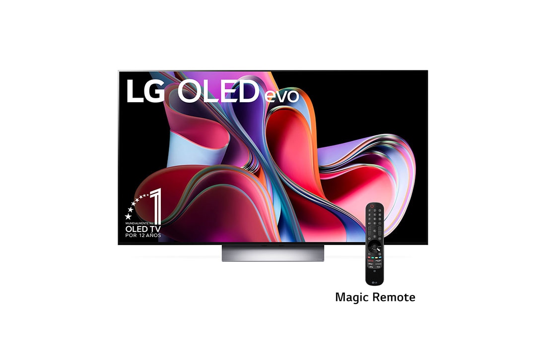 LG Pantalla LG OLED evo 55'' G3 4K SMART TV con ThinQ AI, Vista frontal con LG OLED evo, la frase: El mejor OLED del mundo por 10 años , OLED55G3PSA