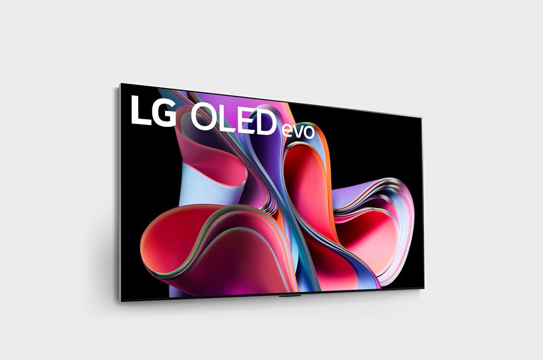 LG Pantalla LG OLED evo 55'' G3 4K SMART TV con ThinQ AI, Vista lateral ligeramente inclinada hacia la derecha del LG OLED G3 en la pared, OLED55G3PSA, thumbnail 8