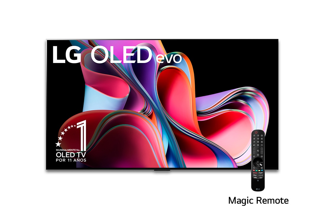 LG Pantalla LG OLED evo 55'' G3 4K SMART TV con ThinQ AI, Vista frontal con LG OLED evo, la frase: El mejor OLED del mundo por 10 años , OLED55G3PSA