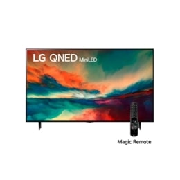 Una vista frontal del televisor LG QNED con una imagen de relleno y el logotipo del producto en2