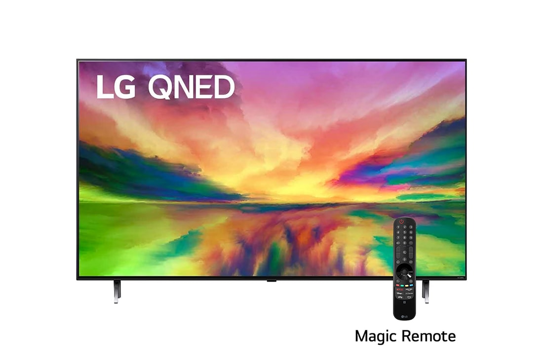 LG Pantalla LG QNED 75'' QNED80 4K SMART TV con ThinQ AI , Una vista frontal del televisor LG QNED con una imagen de relleno y el logotipo del producto en, 75QNED80SRA