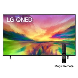Una vista frontal del televisor LG QNED con una imagen de relleno y el logotipo del producto en2