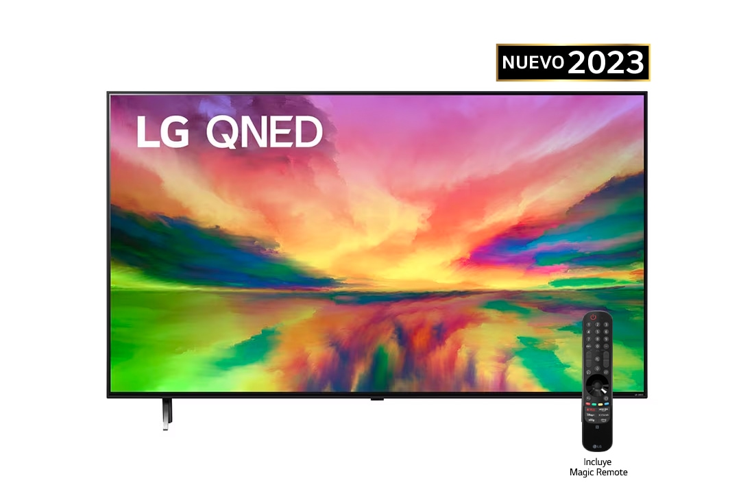 LG Pantalla LG QNED 86'' QNED80 4K SMART TV con ThinQ AI , Una vista frontal del televisor LG QNED con una imagen de relleno y el logotipo del producto en, 86QNED80SRA