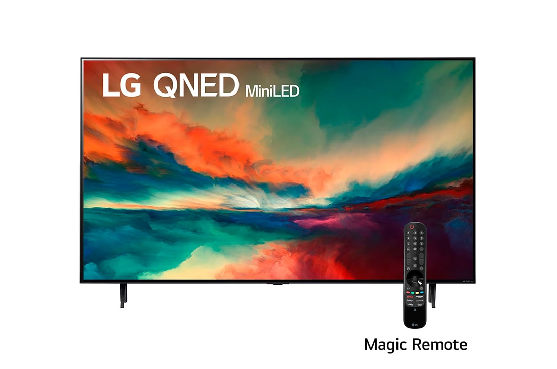 LG Pantalla LG QNED miniLED 75'' QNED85 4K SMART TV con ThinQ AI, Una vista frontal del televisor LG QNED con una imagen de relleno y el logotipo del producto en, 75QNED85SRA