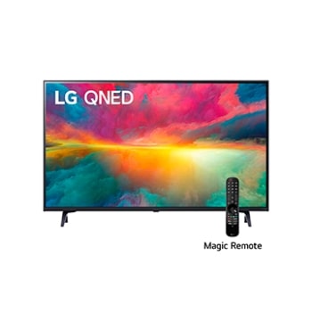 Una vista frontal del televisor LG QNED con imagen de relleno y logotipo del producto encendido1