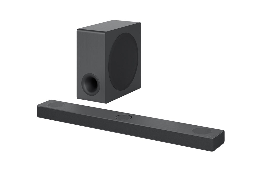 LG Barra de sonido Premium 3.1.3 Canales, Tecnología Meridian, WIFI, Compatible con asistentes de voz, Dolby Atmos., Vista en diagonal de la barra de sonido y el altavoz de subgraves, S80QY, thumbnail 2
