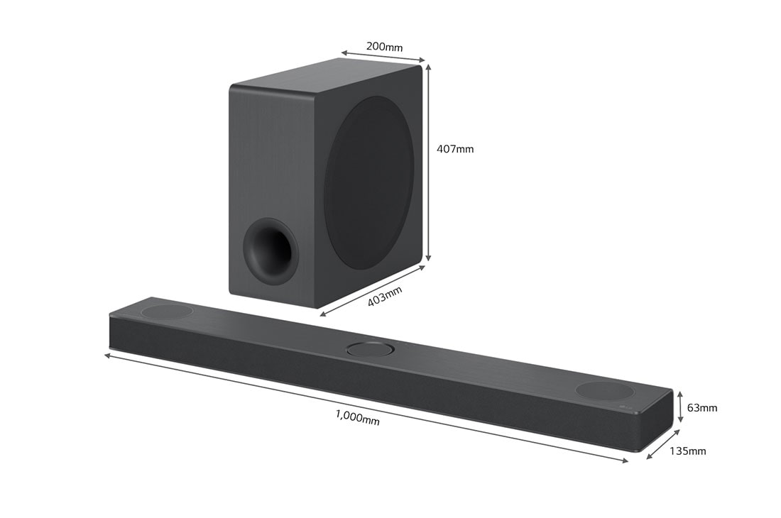 LG Barra de sonido Premium 3.1.3 Canales, Tecnología Meridian, WIFI, Compatible con asistentes de voz, Dolby Atmos., Vista en diagonal de la barra de sonido y el altavoz de subgraves con tamaño , S80QY, thumbnail 3