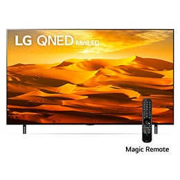 A front view of the LG QNED TV with infill image and product logo on2