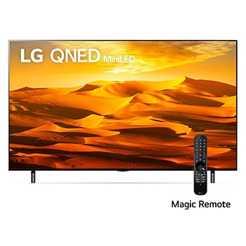 A front view of the LG QNED TV with infill image and product logo on1