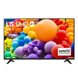 Front view of LG UHD TV, UT73 with text of LG UHD AI ThinQ, 2024, and webOS Re:New Program logo on screen2