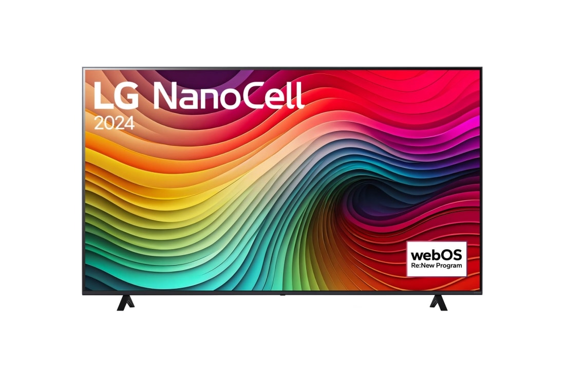 LG 43 pulgadas LG Nano80 4K UHD Smart TV 2024, Front view of LG NanoCell TV, NANO80 with text of LG NanoCell, 2024, and webOS Re:New Program logo on screen, 43NANO80TSA