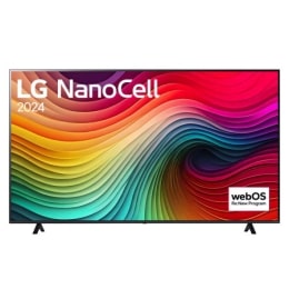 Front view of LG NanoCell TV, NANO80 with text of LG NanoCell, 2024, and webOS Re:New Program logo on screen2