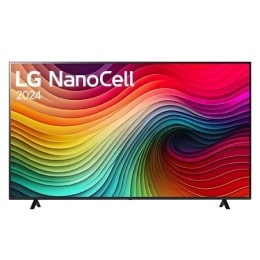 Front view of LG NanoCell TV, NANO80 with text of LG NanoCell, 2024, and webOS Re:New Program logo on screen2