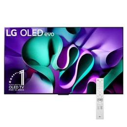 Vista frontal de un televisor LG OLED evo, OLED M4, el emblema de OLED de 11 año de número 1 del mundo, el logotipo de webOS Re:New Program, el logotipo de la garantía de 5 años del panel en la pantal2