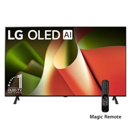 Vista frontal con LG OLED TV, OLED B4, 11 años del emblema OLED número 1 del mundo y logotipo de webOS Re:New Program en pantalla con soporte de 2 polos2