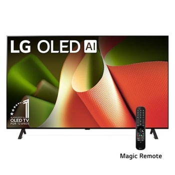 Vista frontal con LG OLED TV, OLED B4, 11 años del emblema OLED número 1 del mundo y logotipo de webOS Re:New Program en pantalla con soporte de 2 polos1