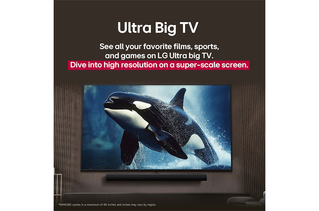 LG 65 pulgadas LG NanoCell AI NANO80 4K Smart TV 2025, LG TV con una pantalla impresionantemente grande montada en una pared encima de una LG Soundbar en una sala de estar de estilo moderno., 65NANO80ASA, thumbnail 8