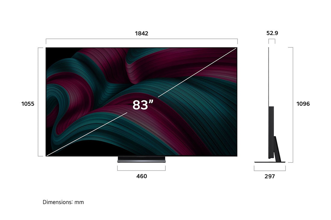 LG 83 pulgadas LG OLED evo AI C5 4K Smart TV 2025, Vista de frente y lateral de la Smart TV LG OLED evo AI C5 4K en la que se ven sus dimensiones de longitud, ancho, altura y profundidad., OLED83C5PSA, thumbnail 4
