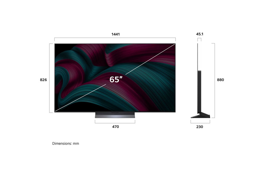 LG 65 pulgadas LG OLED evo AI C5 4K Smart TV 2025, Vista de frente y lateral de la Smart TV LG OLED evo AI C5 4K en la que se ven sus dimensiones de longitud, ancho, altura y profundidad., OLED65C5PSA, thumbnail 4