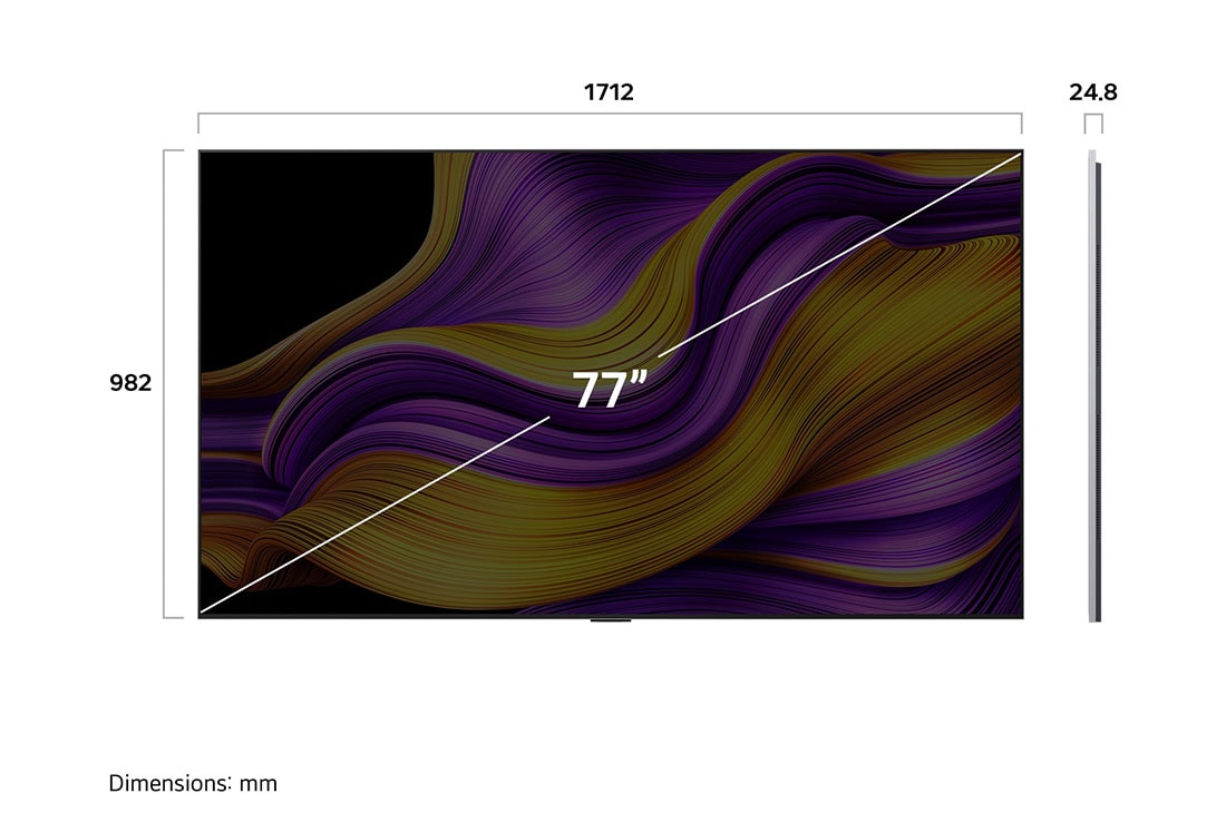 LG 77 pulgadas LG OLED evo AI G5 4K Smart TV 2025, Front view and side view of LG OLED evo AI G5 4K Smart TV showing its length, width, height, and depth dimensions., OLED77G5PSA, thumbnail 5